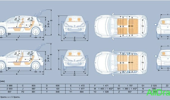 Renault Clio III (2008) (Рено Клио 3 (2008)) - чертежи (рисунки) автомобиля